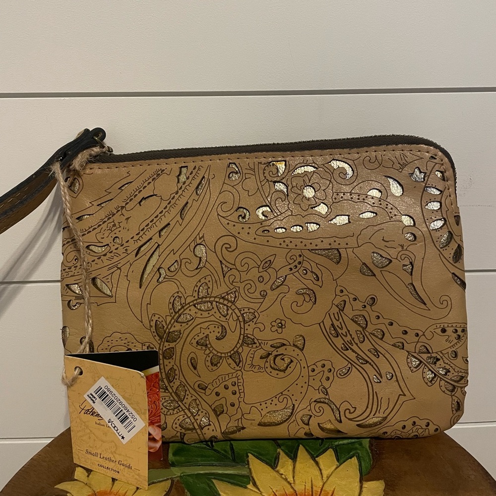 Patricia Nash Light brown and gold wristlet